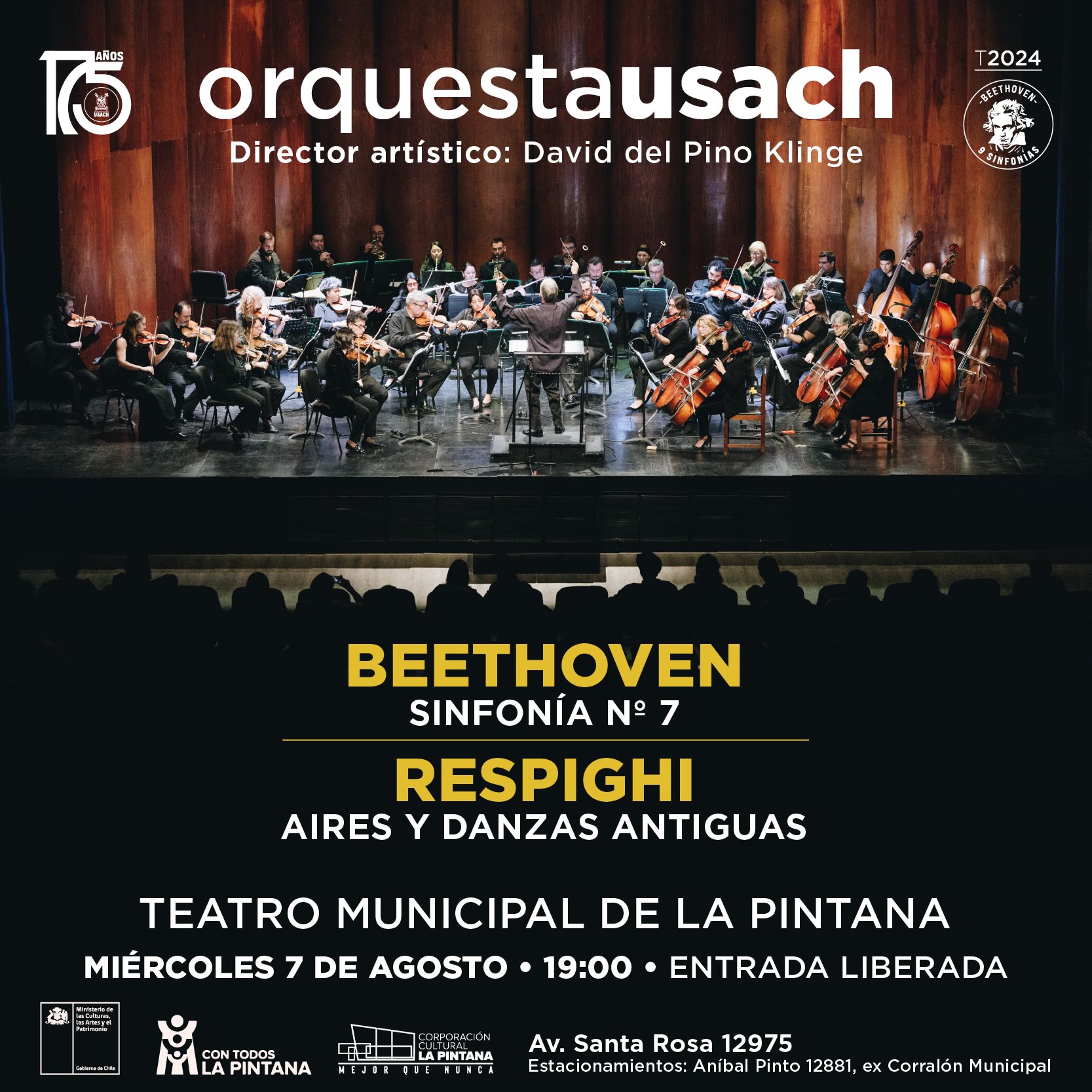 Imagen de la Orquesta Usach junto con la información del concierto.