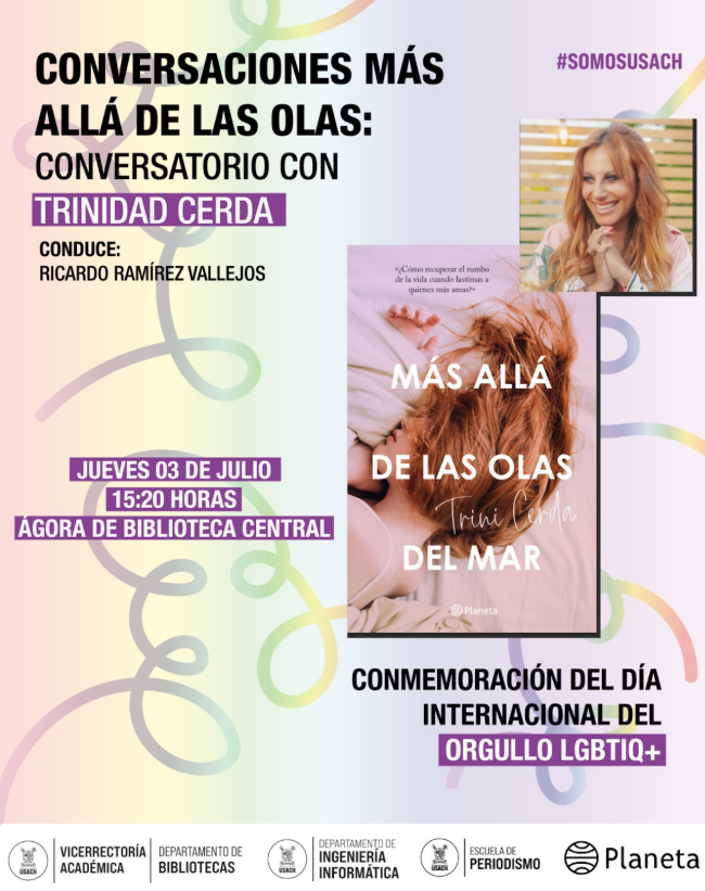 Afiche informativo sobre el conversatorio. En la imagen se muestra la portada del libro “Más allá de las olas del mar” y una imagen de la autora, Trinidad Cerda. En la parte inferior aparecen los logos de las instituciones organizadoras.