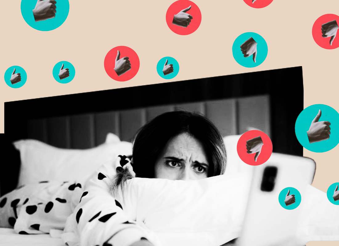 Mujer preocupada imagina signos de me gusta y no me gusta