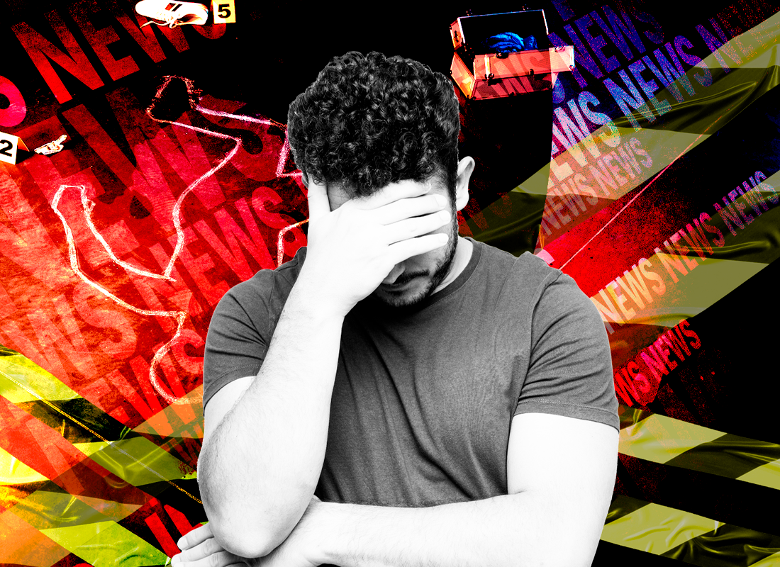 Persona cubriendo su rostro con una mano, al fondo se ven colores oscuros.