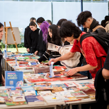 Asistentes mirando libros del stand, algunos correspondientes a misceláneo