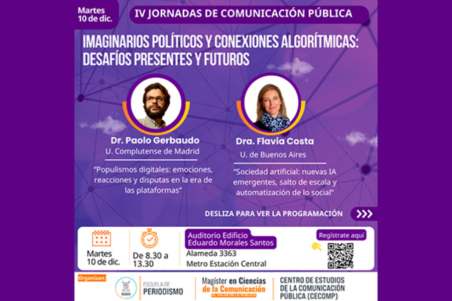 Afiche en color morado. En las circunferencias aparecen los rostros de los expertos y expertas que fuer parte del evento.