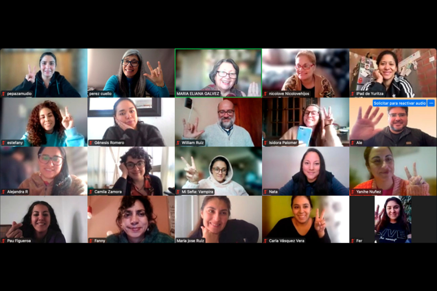 Pantallazo de clase on line, en donde aparecen los estudiantes del diplomado como si fueran un tablero de ajedrez