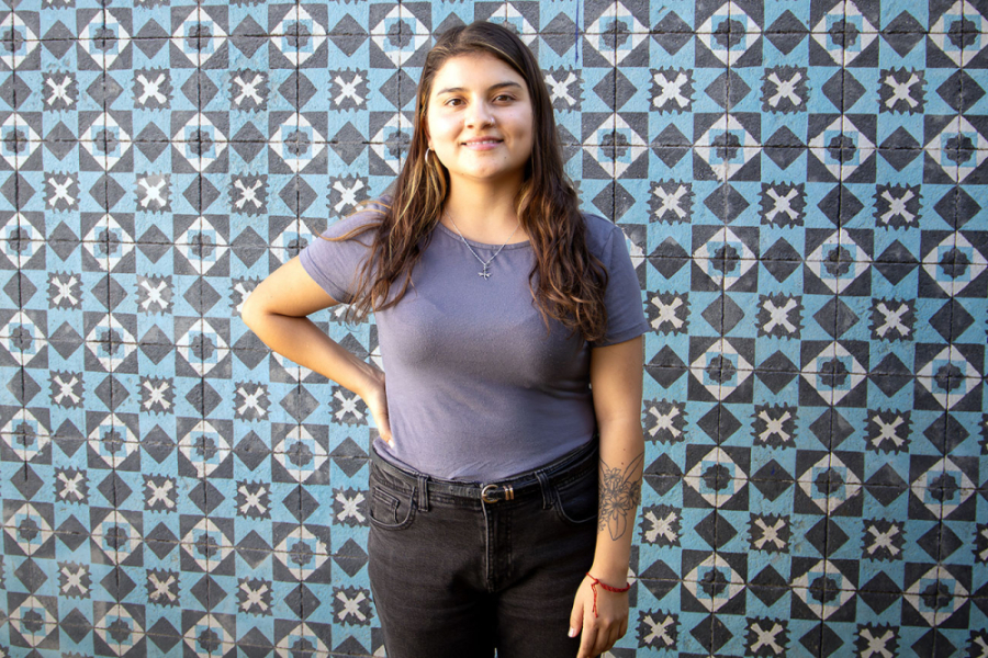 Aparece en la fotografía Catalina Arias, egresada de Licenciatura y Magíster en Historia y ganadora del premio. Ella viste una polera manga corta de color gris y jeans de color negro. El fondo es un mosaico de tonos albos y azules.