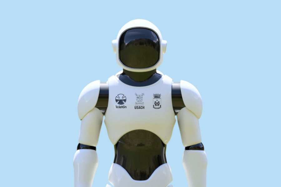 Fotografía de el Robot Usach Stelarbot, Su rostro es una ventana negra y los contornos de la mascarilla blanca. La extremidades son albas y las articulaciones en negro.