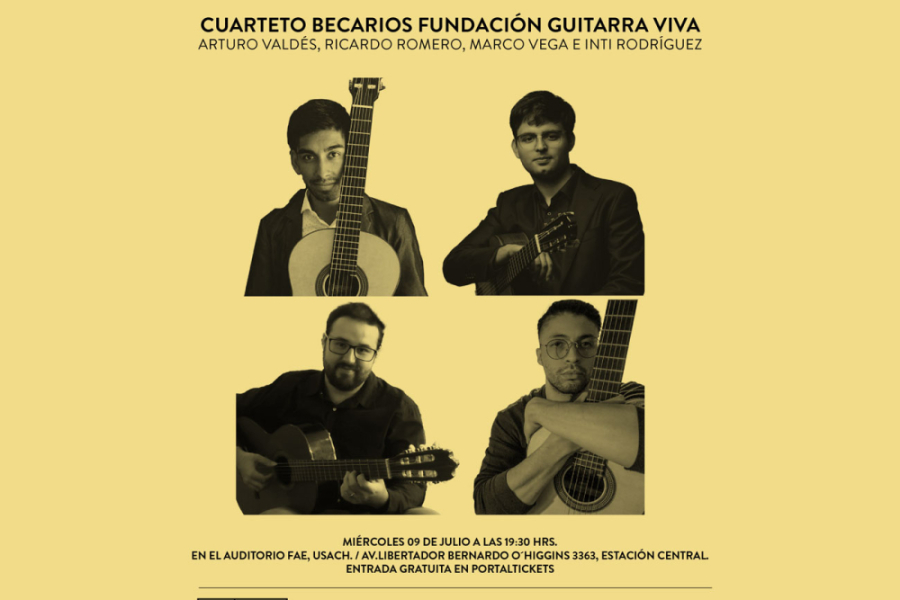 Afiche del evento en donde aparecen los 4 músicos que actuarán en el concierto. El afiche es de color claro y las fotografías en blanco y negro