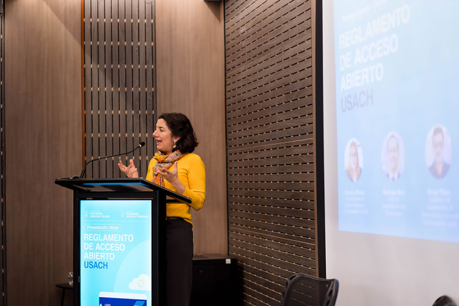 Ministra Aisén Etcheverry en el podio, dialoga con el púbico que asistió a la actividad realizada en al Auditorio del Edificio REMS de nuestra Universidad