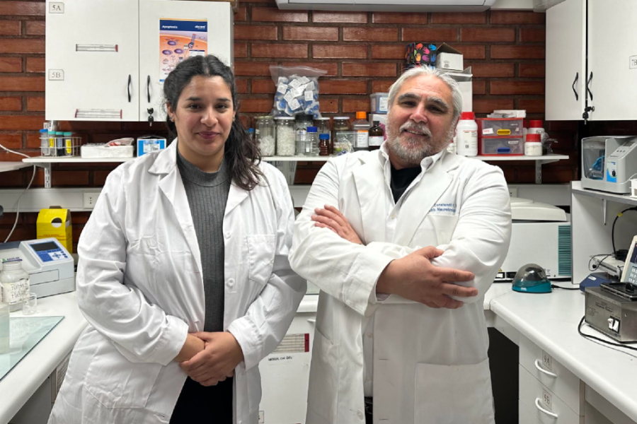 Dr. Luis Constandil, Director del Laboratorio de Neurobiología, junto a la Dra. Natalia Juica, ambos investigadores de la Facultad de Química y Biología, aparecen en su laboratorio. Los dos llevan delantales blancos.
