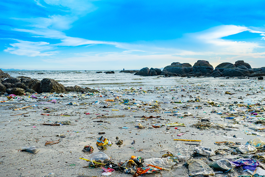 Photo of a beach polluted with bottles and plastic waste.