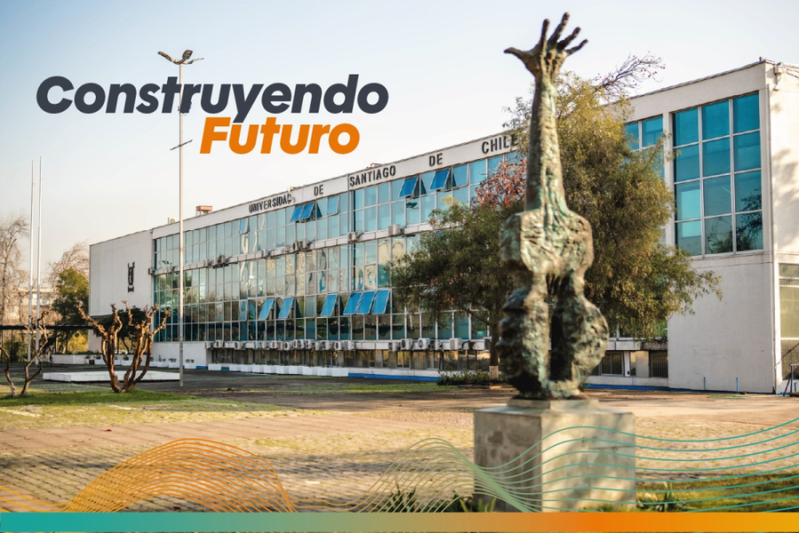 Afiche del programa Construyendo Futuro. En la imagen aparece escultura a Víctor Jara y fachada de Casa Central Usach