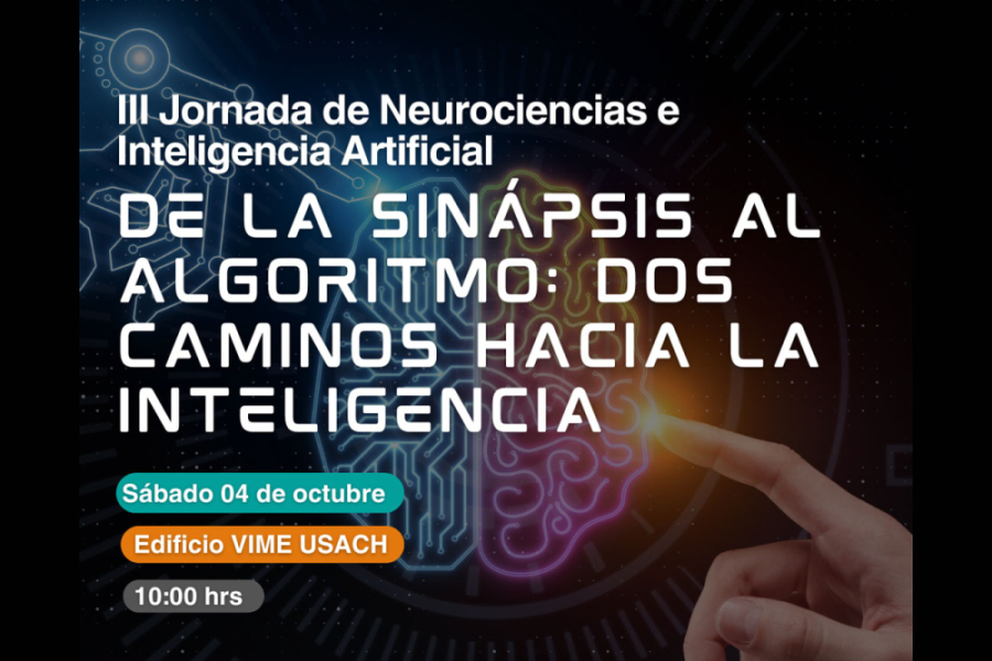 Afiche de la actividad. Tiene fondo negro y sobre él la figura de un cerebro dibujado con un neón  y apuntado por una mano. Las letras de la información es en letras blancas.