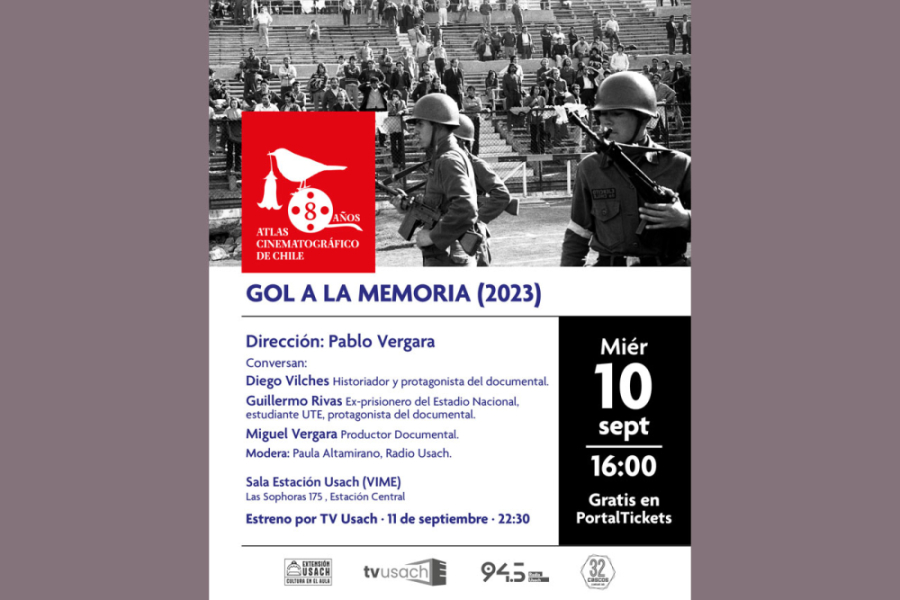 Afiche con imagen de militares en el Estadio Nacional. De fondo, prisioneros políticos de la dictadura. El afiche es blanco, letras negras y foto en blanco y negro.