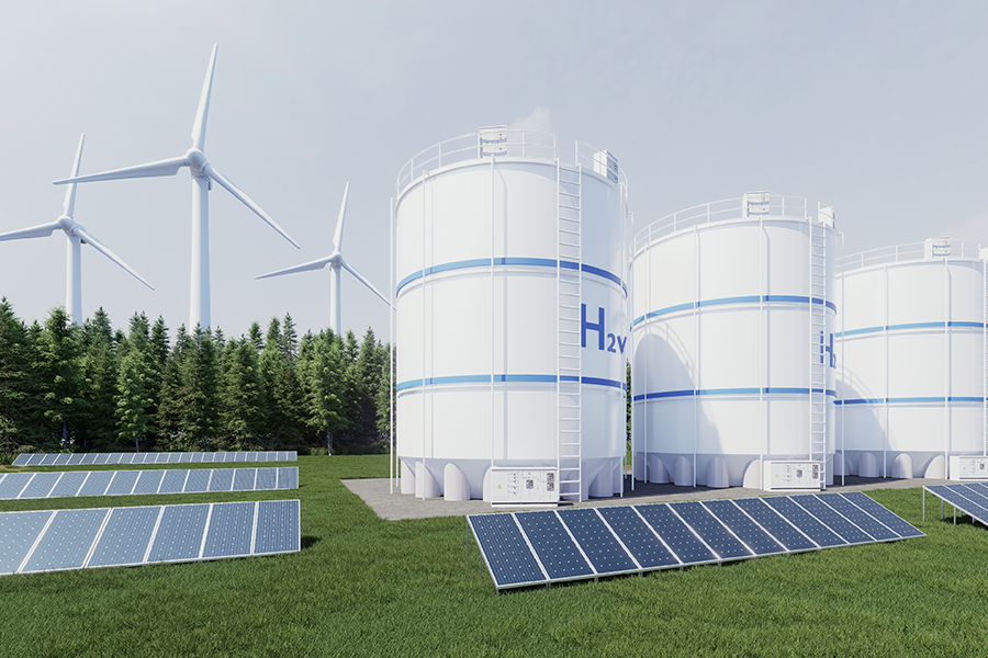 Ilustración de una zona industrial con grandes tanques de almacenamiento, paneles solares en el suelo y molinos de viento al fondo.