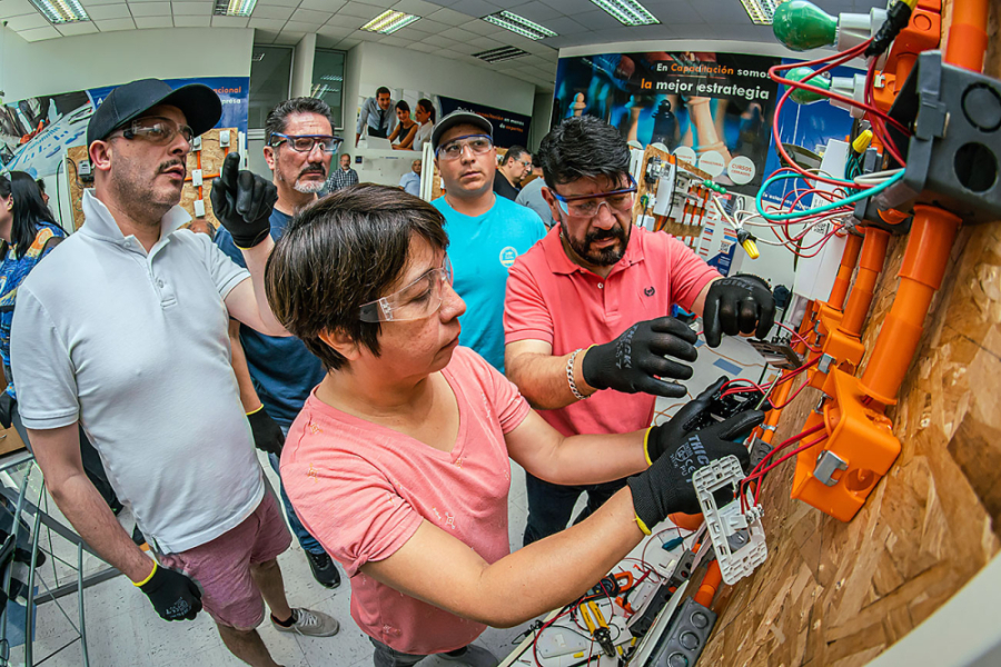 En la imagen aparecen 5 personas, 4 hombres y una mujer, trabajando sobre una matriz de energía eléctrica.