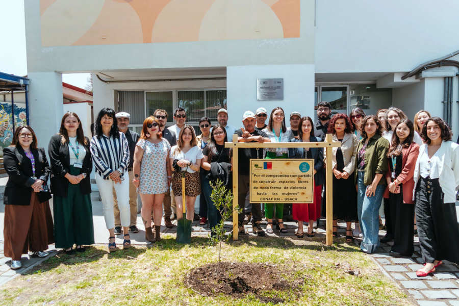 En la fotografía parecen diversas autoridades y profesionales Usach. La imagen muestra la plantación de un árbol en la Plaza de la Mujer y la Niña en la Ciencia