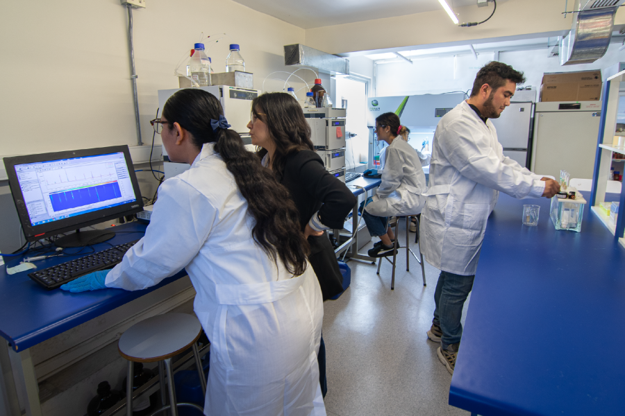 En la imagen aparecen Investigadores en su laboratorio vestidos con delantales blancos y guantes.