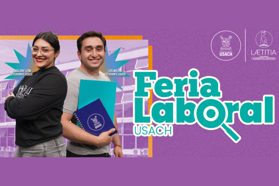 Afiche de la Feria Laboral. Fondo morado, letras verdes y la imagen de un hombre y una mujer posando a cámara con libros en su manos.