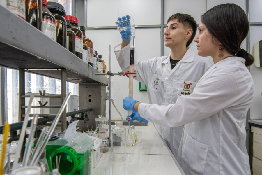 En la fotografía aparecen dos investigadores Usach trabajando en el laboratorio