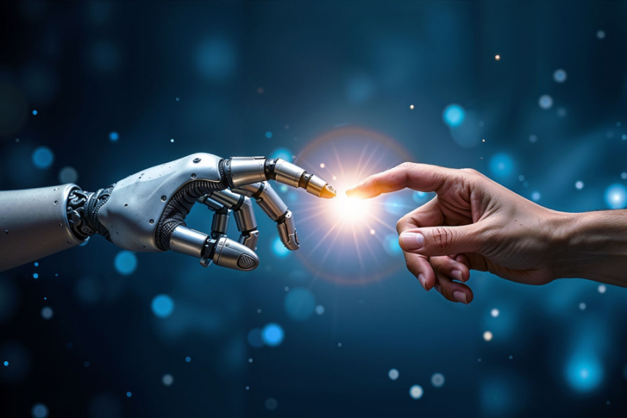 En la imagen aparecen son manos apuntando con su dedo anular, encontrándose en el espacio. una corresponde a una mano humana y la otra de un robot.