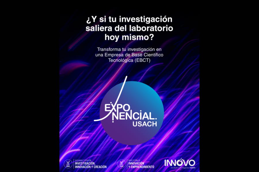 La imagen en el afiche de la actividad. Una circunferencia en tonos azules con la palabra Exponencial Usach. de fondo, vivos negro, azul y rosado en rayas tras fondo oscuro.