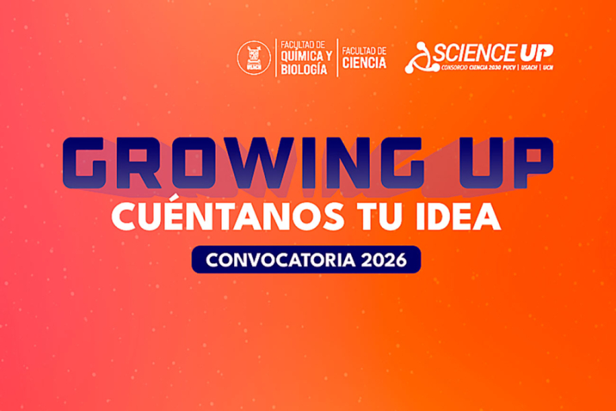 La imagen es un fondo naranjo con letras azules y blancas que dicen "growing up cuéntanos tu idea convocatoria 2026"