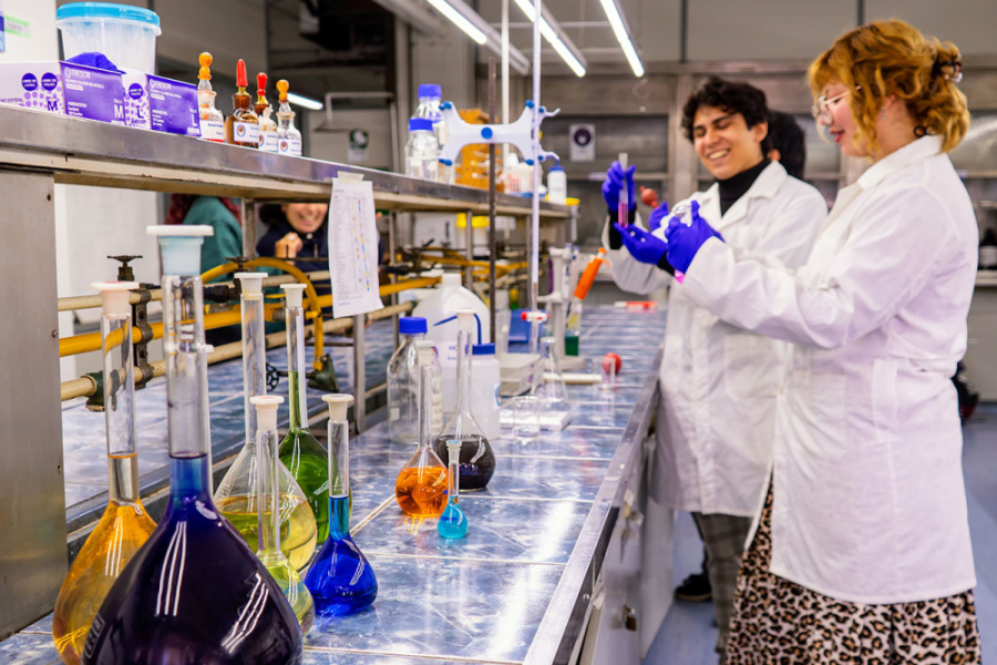 En la fotografía aparecen dos estudiantes trabajando con instrumental en un laboratorio de nuestra universidad. Una mujer y un hombre vestidos con delantal blanco  y guantes azules.