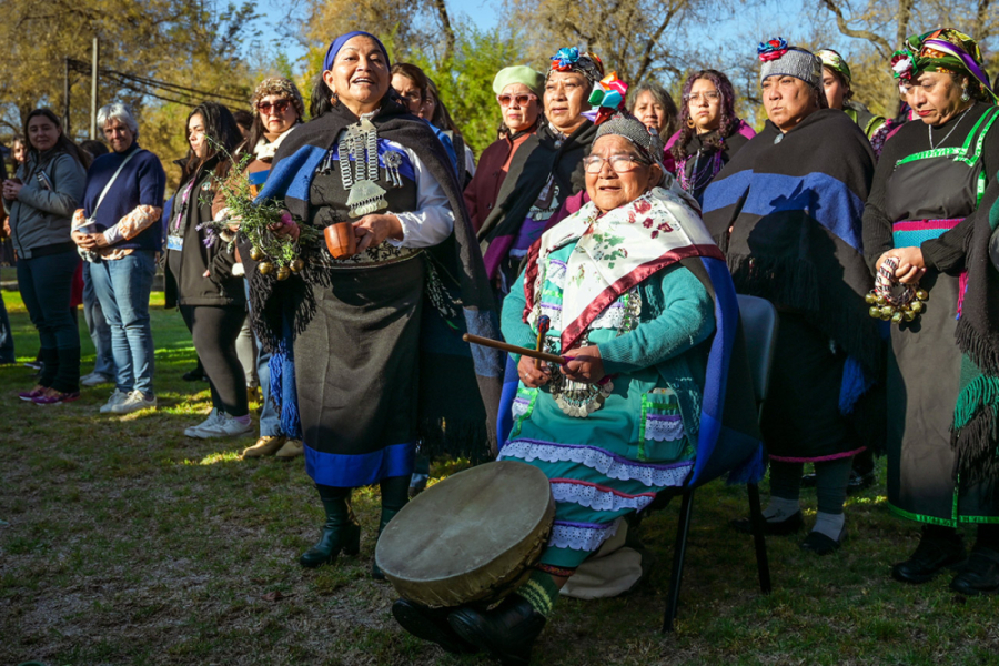 La imagen muestra a mujeres mapuche celebrando el wiñol tripantu en los pastos de la universidad 