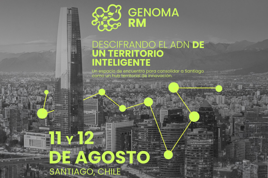 En la imagen aparece el afiche de la actividad. De fondo, una fotografía en blanco y negro de la ciudad de Santiago. Sobre ella, letras informativas y diseños en color amarillo.