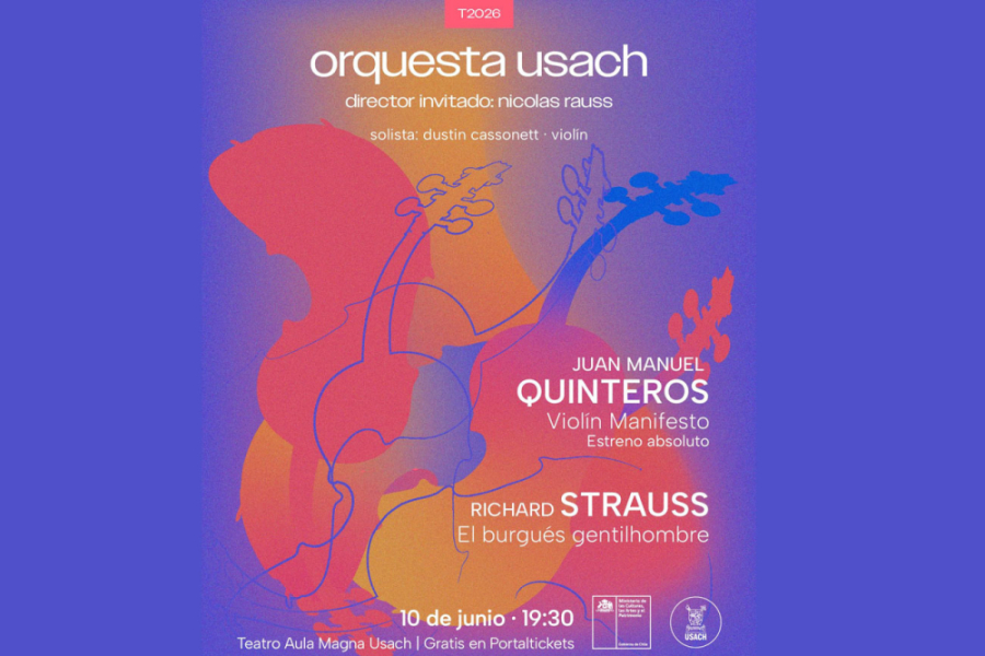 La foto corresponde a un afiche del evento. Con color morado de fondo y tonos coral y mostaza y letras blancas
