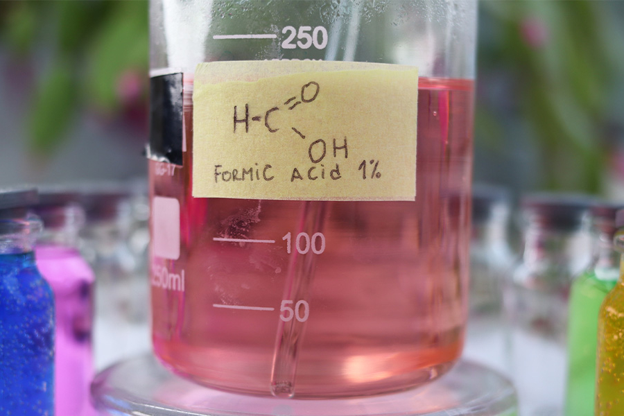 Vaso de precipitados con un líquido rosado etiquetado como «Ácido fórmico al 1 %» en un laboratorio.