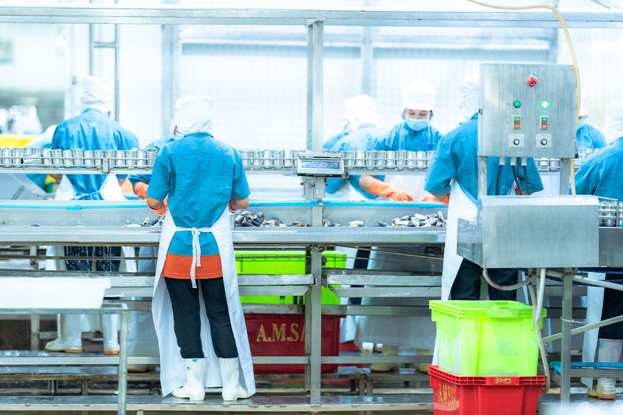 Trabajadores de fábrica con equipo de protección procesando alimentos en una cadena de montaje.