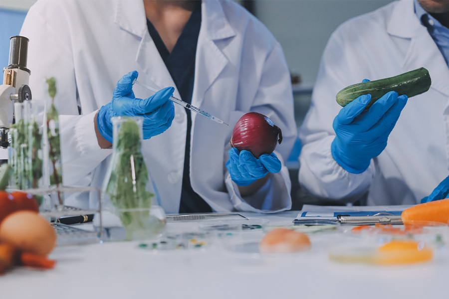 Científicos con batas de laboratorio analizando productos frescos con una jeringa.