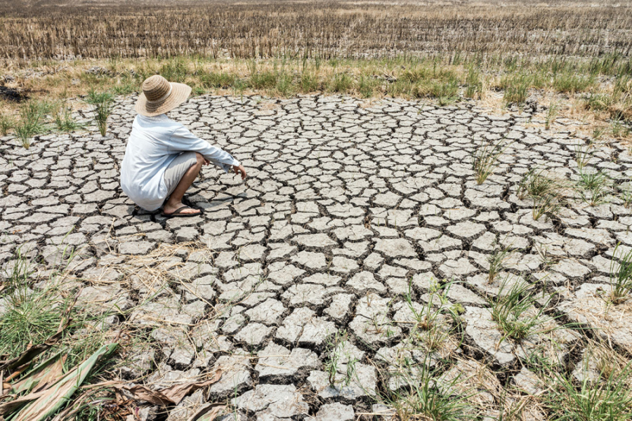 La imagen muestra una persona en cuclillas con un sombrero de paja en un espacio seco por la falta de agua.