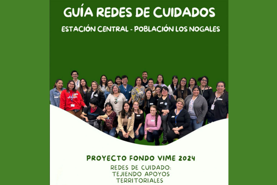 La imagen corresponde a la portada de la guía de redes de cuidado. Con fondo verde y letras blancas, aparecen también todas las personas que participaron del proyecto en el medio del afiche
