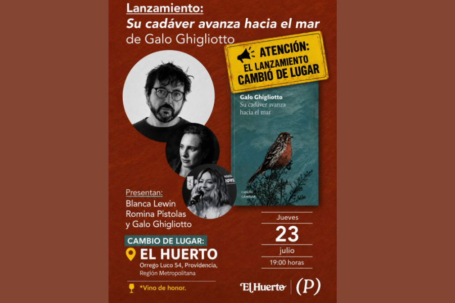 La imagen corresponde al afiche del evento. De color rojo ladrillo de fondo, con letras blancas e imágenes de los participantes y del libro a exponer