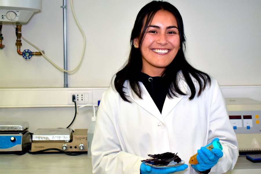 En la imagen aparece la investigadora Sofía Araya Alfaro. Está en laboratorio e pruebas con delantal blanco y guantes celestes.