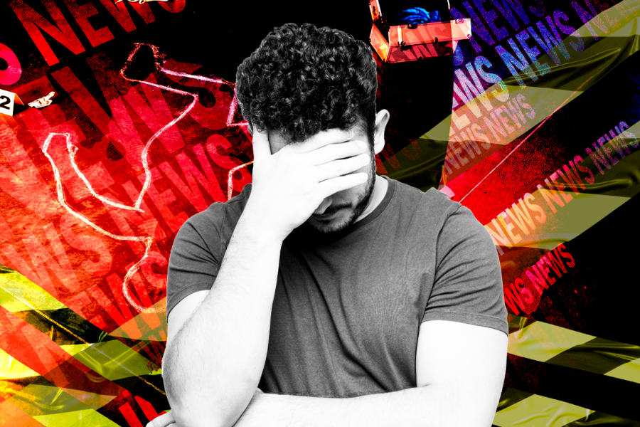 Persona cubriendo su rostro con una mano, al fondo se ven colores oscuros.