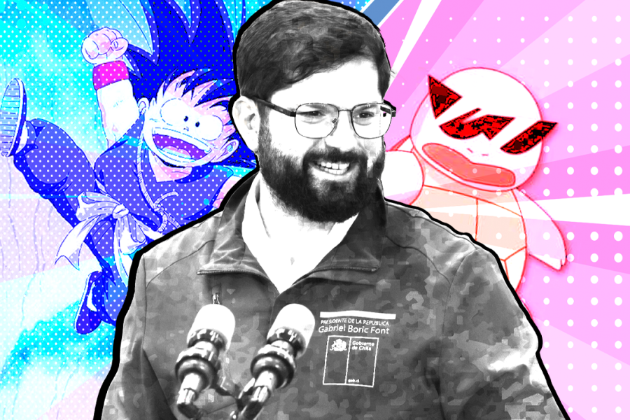 Presidente Boric rodeado de figuras del animé